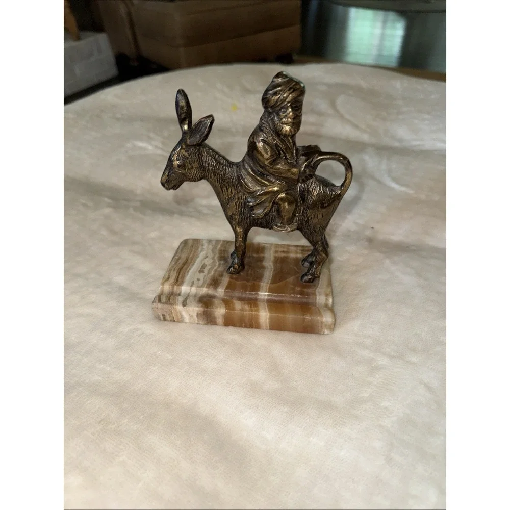 Vtg Brass Casting Nasreddin Hodja Riding Donkey Backwards Card Pen Holder Marble